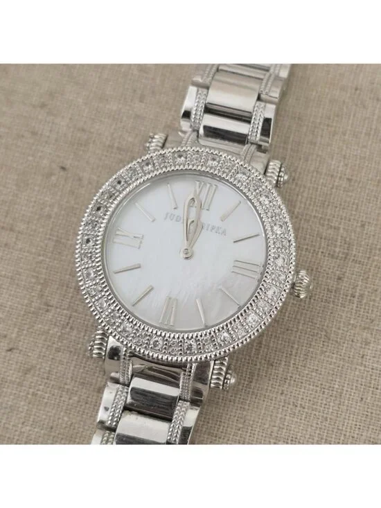 Judith Ripka Bezel Set Silvertone Stainless White Topaz Summit Watch - Picture 2 of 4